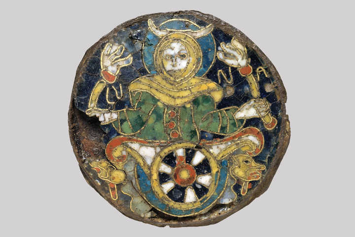Roundel with a Personification of the Moon in colourful enamel, Carolingian ca.860-890, The MET New York, open access image.